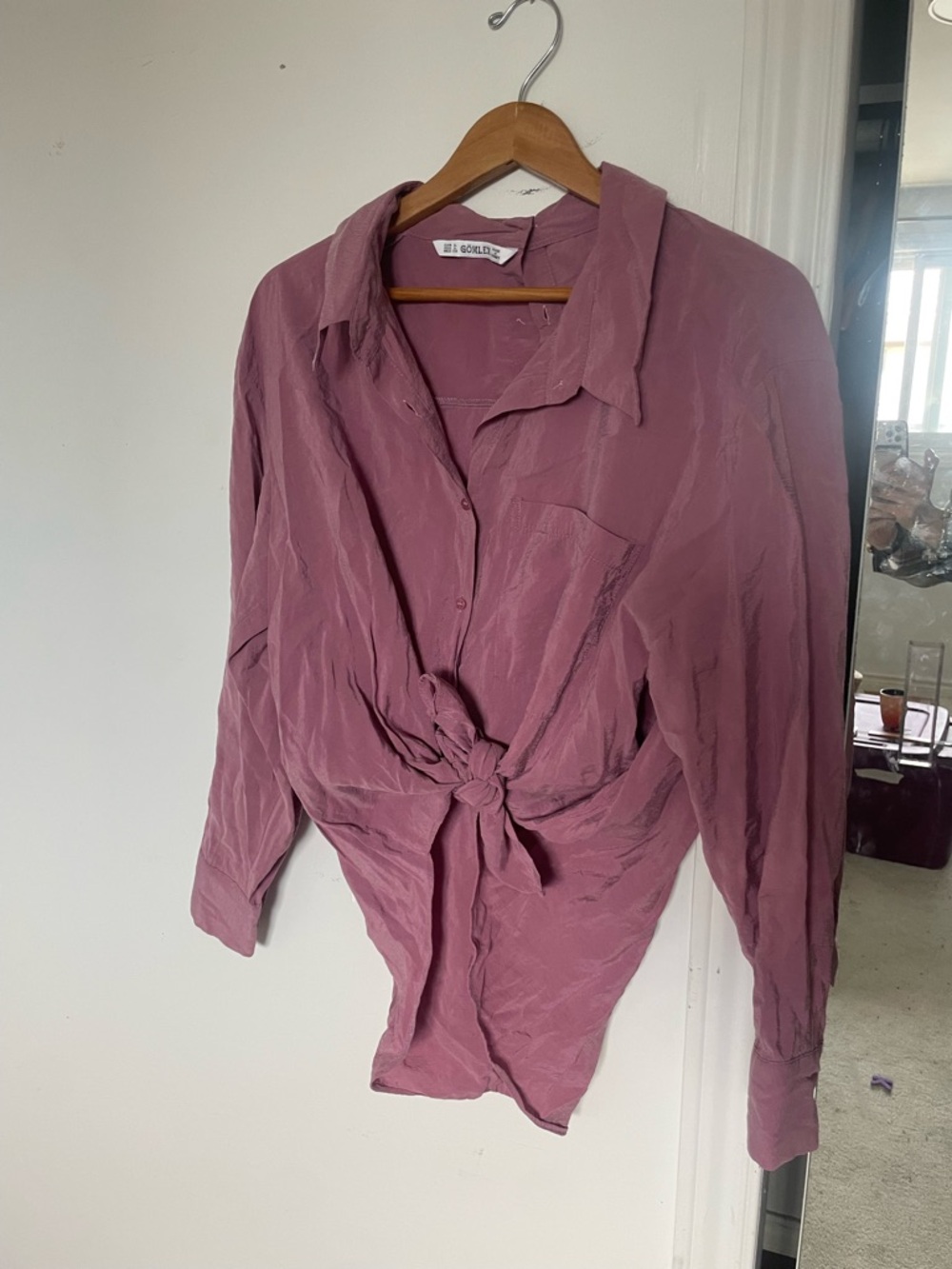 Gomlex Vintage Dusty Pink 100% Cotton Tie-Front Button Down Blouse